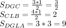 S_{DGC}=\frac{3*1}{2}=\frac{3}{2}\\&#10;S_{CLB}=\frac{4*1}{2}=2\\&#10;S_{DGLA}=3*3=9