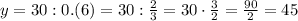 y=30:0.(6)=30: \frac{2}{3} =30\cdot \frac{3}{2} = \frac{90}{2}=45