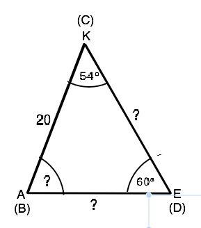 Треугольники bcd и ake равны. ak=20 см, угол k= 54 градусам, угол e =60 градусам. найдите соответств