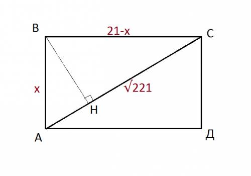 Периметр прямоугольника равен 42 корень а диагональ равна корень из 221.найдите пплошадь этого прямо