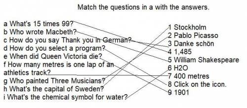 Bmatch the questions in a with the answers. 1 stockholm 2 pablo picasso 3 danke schön 4 1,485 5 will