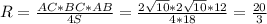 R= \frac{AC*BC*AB}{4S} = \frac{2 \sqrt{10}*2 \sqrt{10} *12 }{4*18}= \frac{20}{3}