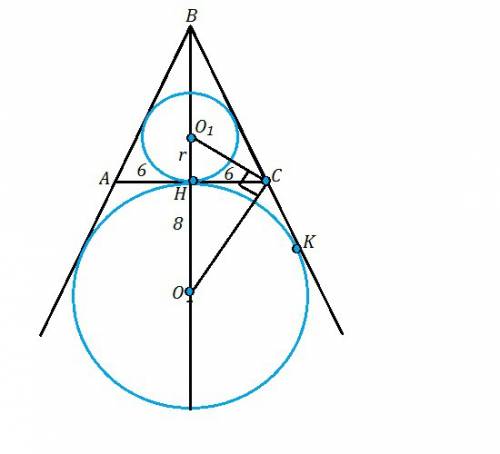 Основание ac равнобедренного треугольника abc равно 12. окружность радиуса 8 с центром вне этого тре