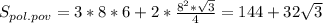 S_{pol.pov} =3*8*6+2* \frac{ 8^{2}* \sqrt{3} }{4} =144+32 \sqrt{3}