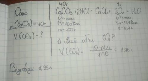 Який обєм воглекислого газу виділиться під час взаємодії хлоридної кислоти із 40 г кальцію карбонату