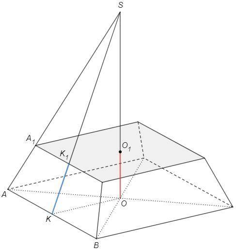 Стороны оснований правильной усеченной четырёхугольной пирамиды равны 6 см и 8 см. Найдите высоту и