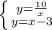 \left \{ {{y= \frac{10}{x} } \atop {y=x-3}} \right.