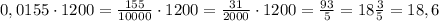 0,0155\cdot1200=\frac{155}{10000}\cdot1200=\frac{31}{2000}\cdot1200=\frac{93}{5}=18\frac{3}{5}=18,6