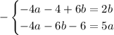 -\begin{cases} -4a-4+6b=2b\\-4a-6b-6=5a\end{cases}