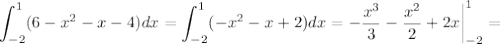 \displaystyle \int^1_{-2} (6-x^2-x-4)dx= \int^1_{-2} (-x^2-x+2)dx= -\frac{x^3}{3}- \frac{x^2}{2}+2x \bigg|^1_{-2}= 