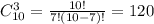 C_{10}^3=\frac{10!}{7!(10-7)!}=120