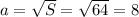 a=\sqrt{S}=\sqrt{64}=8