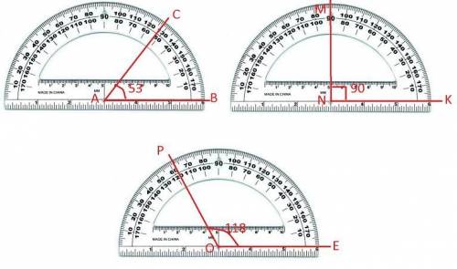 Постройте углы cab, mnk и poe, если угол cab=53 градуса, угол mnk=90 градусов и poe=118 градусов.