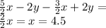 \frac{5}{2} x - 2y - \frac{3}{2} x + 2y = \\ \frac{2}{2} x = x = 4.5