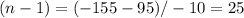 (n-1)=(-155-95)/-10=25