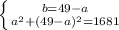 \left \{ {{b=49-a} \atop {a^2 + (49-a)^2 = 1681}} \right