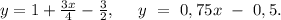 y=1+\frac{3x}{4}-\frac{3}{2},\ \ \ \ y\ =\ 0,75x\ -\ 0,5.