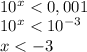 \\10^{x}<0,001\\ 10^x<10^{-3}\\ x<-3