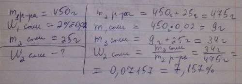 К450 г 2 %раствора соли добавили 25 г соли.вычислить массовую долю соли в полученном растворе.