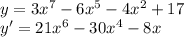 \\y=3x^{7}-6x^{5}-4x^{2}+17\\ y'=21x^6-30x^4-8x