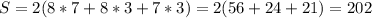 S=2(8*7+8*3+7*3)=2(56+24+21)=202