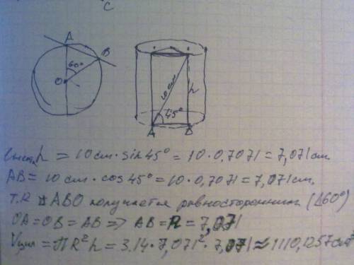 Параллельноосицилиндрапроведенаплоскость,котораяотсекаетотокружностиоснованиядугу60 °.диагональобраз