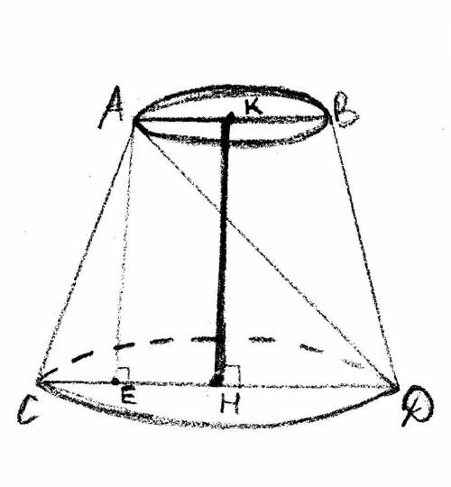 Вусеченном конусе диагональ осевого сечения равна 10,радиусы оснований 2 и 4.найдите высоту конуса ч