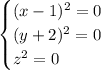 \begin{cases} (x-1)^2=0\\(y+2)^2=0\\z^2=0 \end{cases}