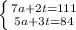 \left \{ {{7a+2t=111} \atop {5a+3t=84}} \right