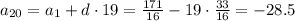 a_{20}=a_{1}+d\cdot19=\frac{171}{16}-19\cdot\frac{33}{16}=-28.5