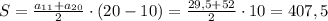 S=\frac{a_{11}+a_{20}}{2}\cdot(20-10)=\frac{29,5+52}{2}\cdot10=407,5