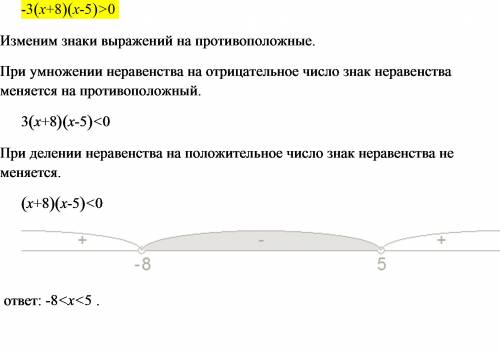 Решите неравенство: -3(x+8)(x-5) больше 0