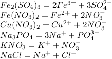 Fe_2(SO_4)_3=2Fe^{3=}+3SO_4^{2-}\\Fe(NO_3)_2=Fe^{2+}+2NO_3^-\\Cu(NO_3)_2=Cu^{2+}+2NO_3^-\\Na_3PO_4=3Na^++PO_4^{3-}\\KNO_3=K^++NO_3^-\\NaCl=Na^++Cl^-