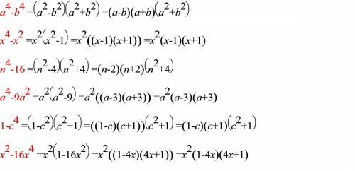 №892 разложите на множители a^4-b^4= x^4-x^2= n^4-16= a^4-9a^2= 1-c^4= x^2-16x^4=