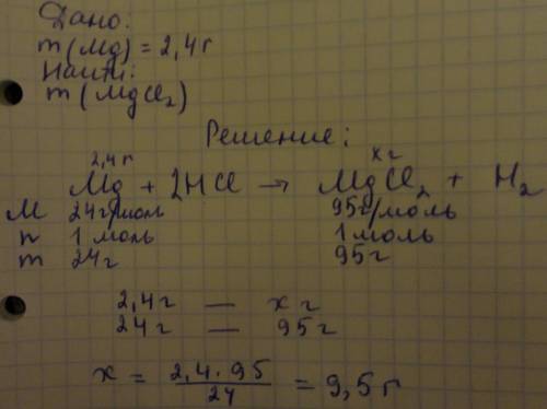 Найти массу соли, полученной при взаимодействии 2,4г магния с раствором соляной кислоты.