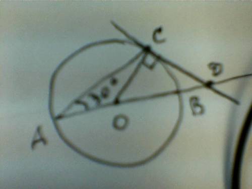 Угол между диаметром ав и хордой ас равен 30°. через точку с проведена касательная, пересекающая пря