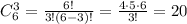 C^3_6= \frac{6!}{3!(6-3)!} = \frac{4\cdot 5\cdot 6}{3!}=20