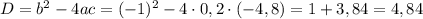D=b^{2}-4ac=(-1)^{2}-4\cdot0,2\cdot(-4,8)=1+3,84=4,84