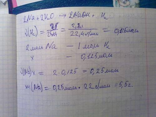 При взаимодействии натрия с водой выделилось 2,8 л (н.у) газа.определите количество вещества и массу