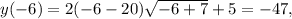 y(-6)=2(-6-20)\sqrt{-6+7}+5 =-47,