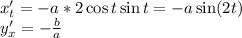 x'_t=-a*2 \cos t \sin t=-a\sin(2t)\\y'_x=-\frac{b}a