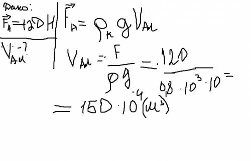 Определите объем куска алюминия,на который в керосине действует выталкивающая сила ,равная 120h