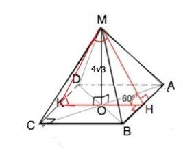 Вправильной четырёхугольной пирамиде высота равна 4 корня из 3, а двугранный угол при основании раве