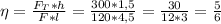 \eta=\frac{F_{T}*h}{F*l}=\frac{300*1,5}{120*4,5}=\frac{30}{12*3}=\frac{5}{6}