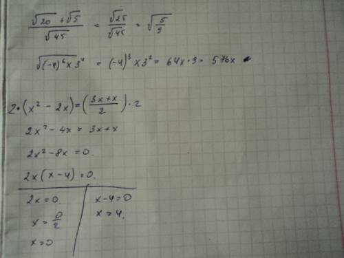 Найти значения корня √20 + √5 √(-4)^6 x 3^4 √45 решить уравнение х^2-2x=3x+x 2