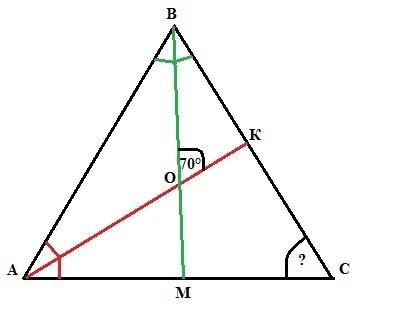 Втреугольнике авс биссектрисы ак и вм пересекаются в точке о . найдите угол с треугольника, если уго