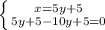 \left \{ {{x=5y+5} \atop {5y+5-10y+5=0}} \right.