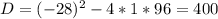 D=(-28)^{2} -4*1*96=400