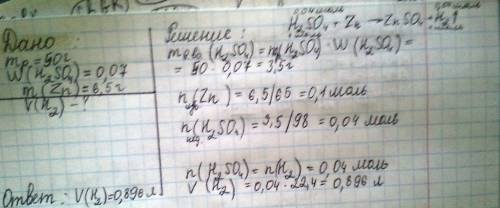 В50г 7%-го раствора серной кислоты поместили цинк,массой 6.5.найти объем выделившегося водорода