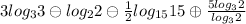 3log_3 3 \ominus log_2 2 \ominus {\frac{1}{2}}log_{15} 15 \oplus \frac{5log_3 2}{log_32} 